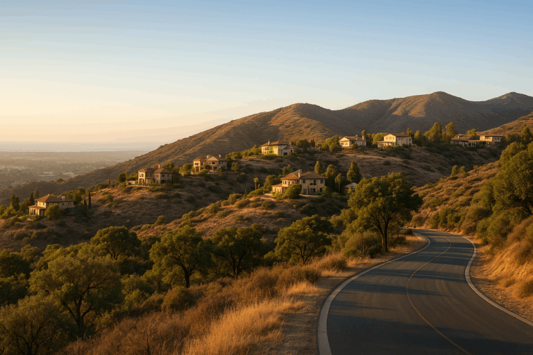 people-free view of Coronado Hills—rolling ridgelines, chaparral, and custom estate homes under warm golden-hour light.